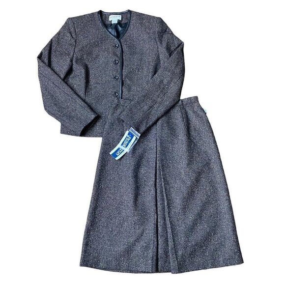 Pendleton Skirt Suit Set Wool Blend Flecked Leather Trim...